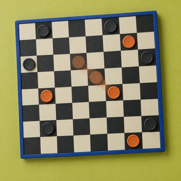 An overhead view of a slightly rotated black-and-ivory checkers board with a cobalt-blue rim on a lime-green surface.
