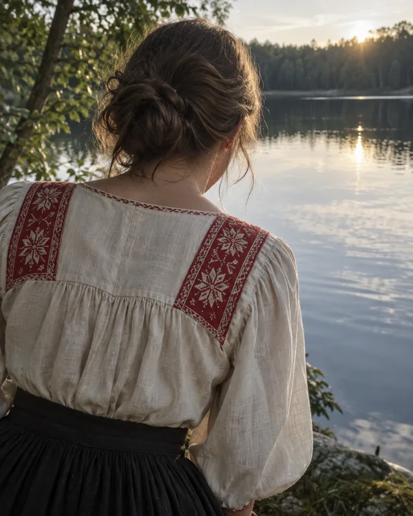 A person in a cream gathered folk-style blouse with broad red embroidered shoulder bands and a dark skirt leans toward a lake, seen mostly from behind.