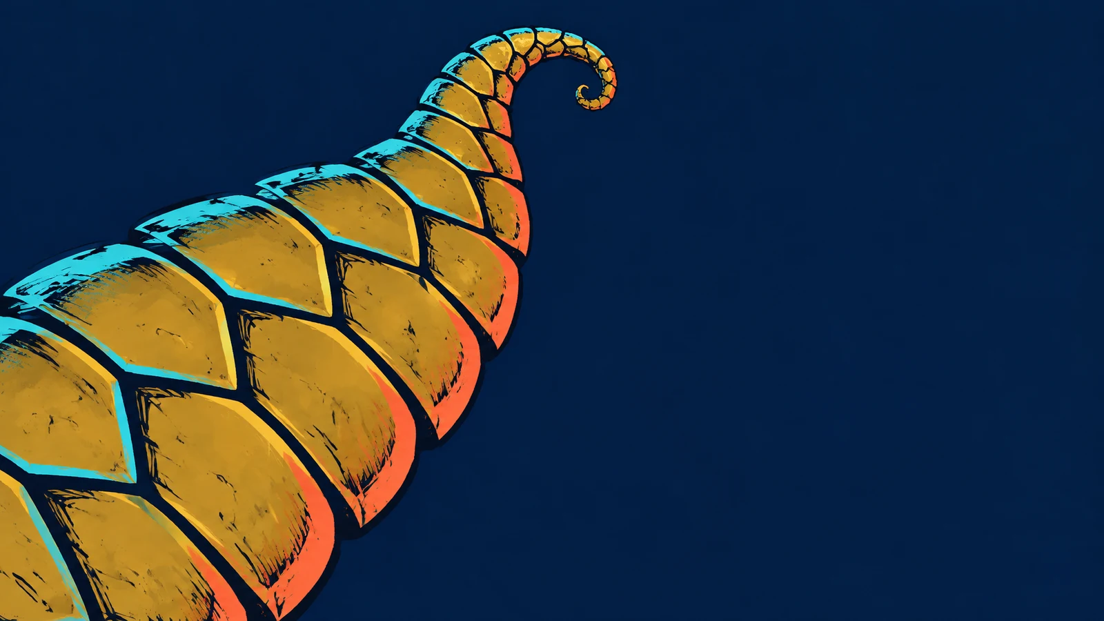 A large ochre reptile tail enters from the lower-left and curves upward into a small curled hook, with cyan and coral edging on broad dark-outlined scales…