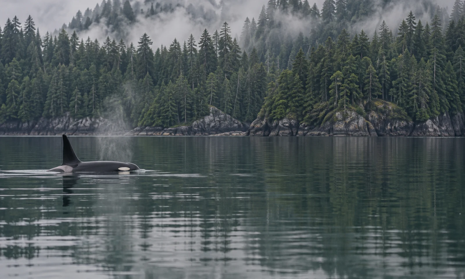 A single orca surfaces in the left third of a calm coastal inlet, its tall dorsal fin, black back and white eye patch above the water as a faint mist plume…