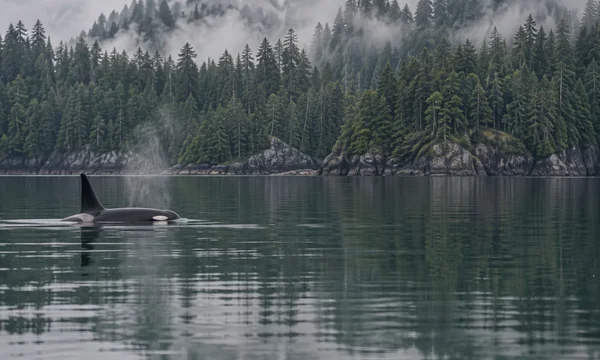 A single orca surfaces in the left third of a calm coastal inlet, its tall dorsal fin, black back and white eye patch above the water as a faint mist plume…