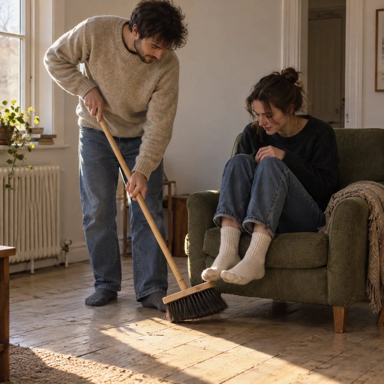 A young man in a light knit sweater sweeps a wooden-handled broom beneath a seated woman’s raised, sock-clad feet in a warmly lit living room.