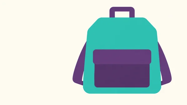 A large turquoise backpack with a purple loop handle, broad front flap pocket and two shoulder straps sits right of centre against an off-white background…