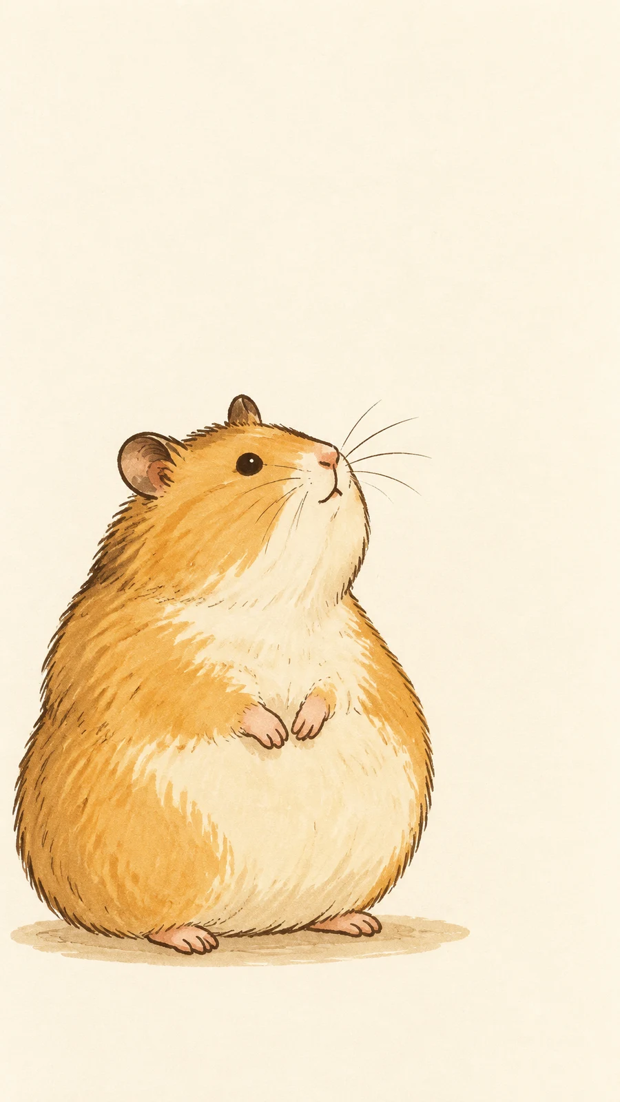 A golden hamster sits upright on a flat tan shadow against warm ivory paper, its large pear-shaped body filling the lower-left area while its nose and long…