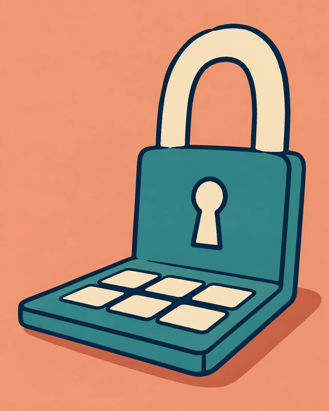 A teal laptop-shaped padlock is shown from a low three-quarter angle against a muted peach background.