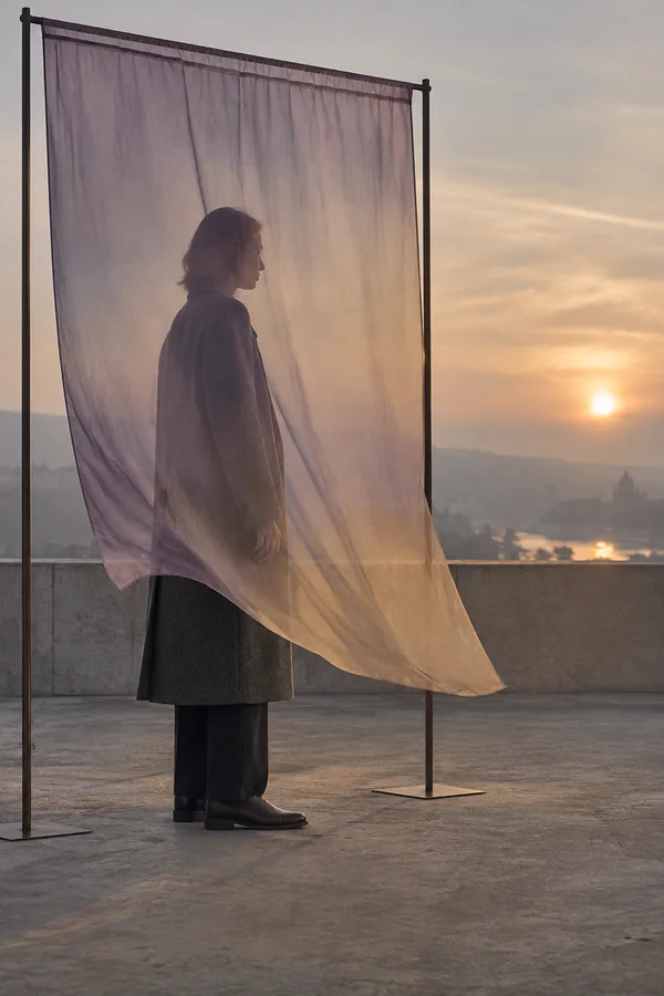 A model in a charcoal coat, straight trousers and leather shoes stands in profile behind a translucent lavender-and-amber fabric panel on a metal frame, on a…