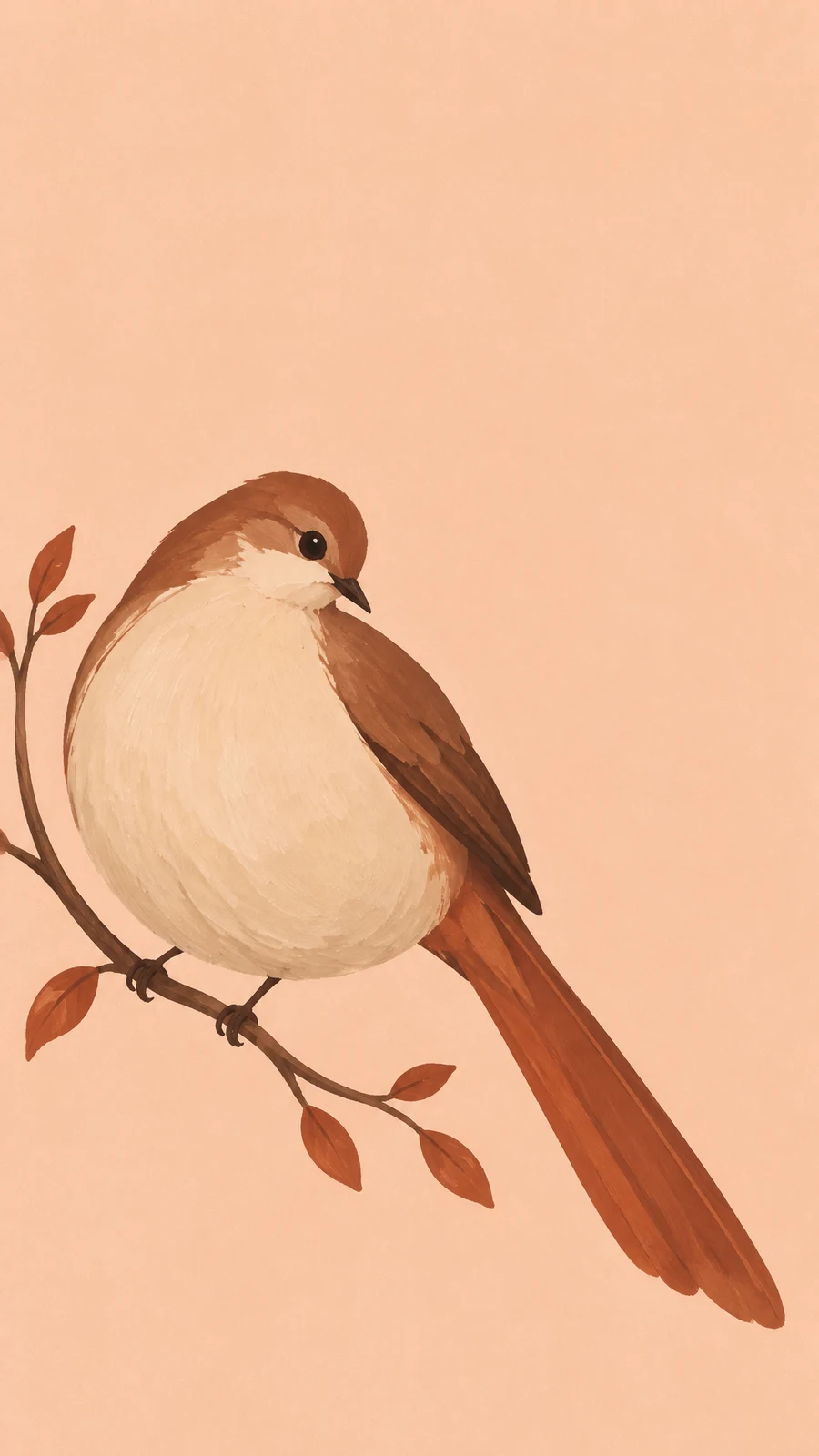A large buff-breasted brown bird with a long russet tail perches on a leafy curved twig against a pale peach background, leaving broad open space above and to…