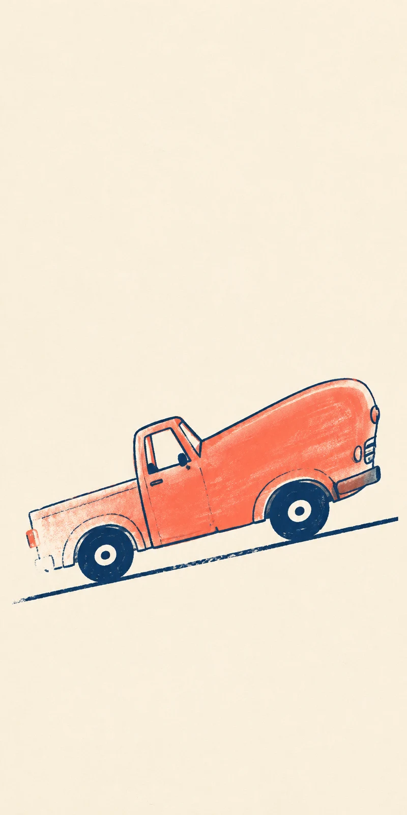 A coral pickup truck in side profile climbs diagonally toward the upper right on a warm cream paper background, with a large rounded hood, small cab, open rear…