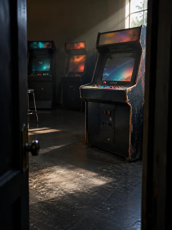 View through a partly open dark doorway into a dim arcade hall, with one scuffed black game cabinet in the foreground and two more farther back.