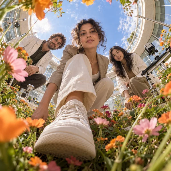 Three adults lean toward the camera above a dense bed of orange and pink flowers in a glass laboratory atrium.