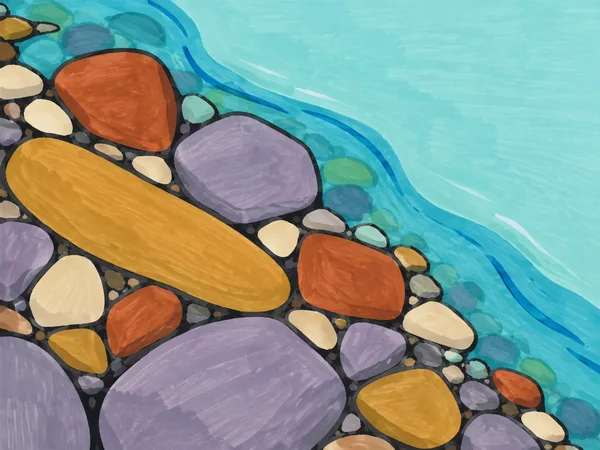 An overhead illustration of a colorful gravel shoal beside pale turquoise river water, with a long ochre stone and broad lavender, rust, and cream stones among…
