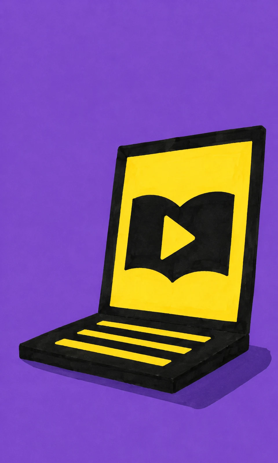 A hand-cut paper-style black laptop sits on a violet ground, with a tall yellow screen showing a black open-book shape and a yellow play triangle; three yellow…
