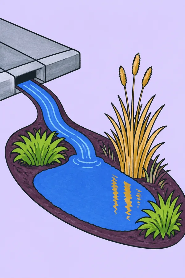 A blue runoff channel flows from a grey pavement curb into a plum-rimmed rain garden with a broad cobalt pool, two lime-green sedge clumps, a tall golden grass…