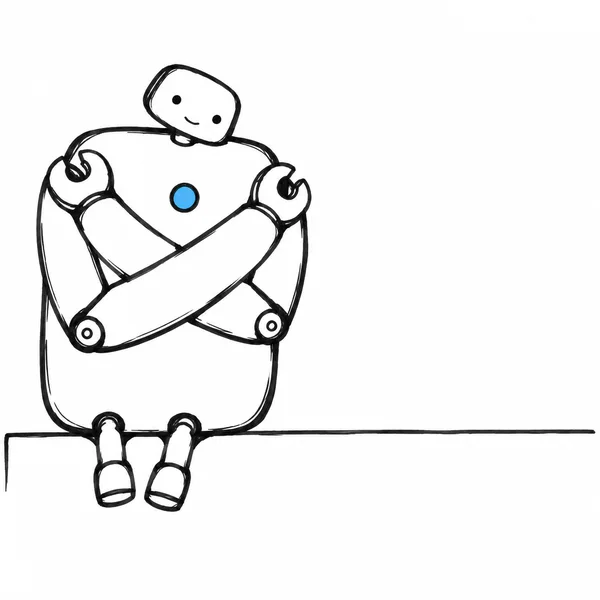 A hand-drawn black-marker robot sits at the left edge of a tabletop, crossing its long arms over its torso in a self-hug.