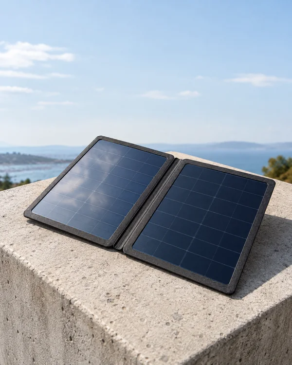 An unbranded folding solar charger with two blue-black photovoltaic panels rests open at an angle on a sunlit concrete column cap.
