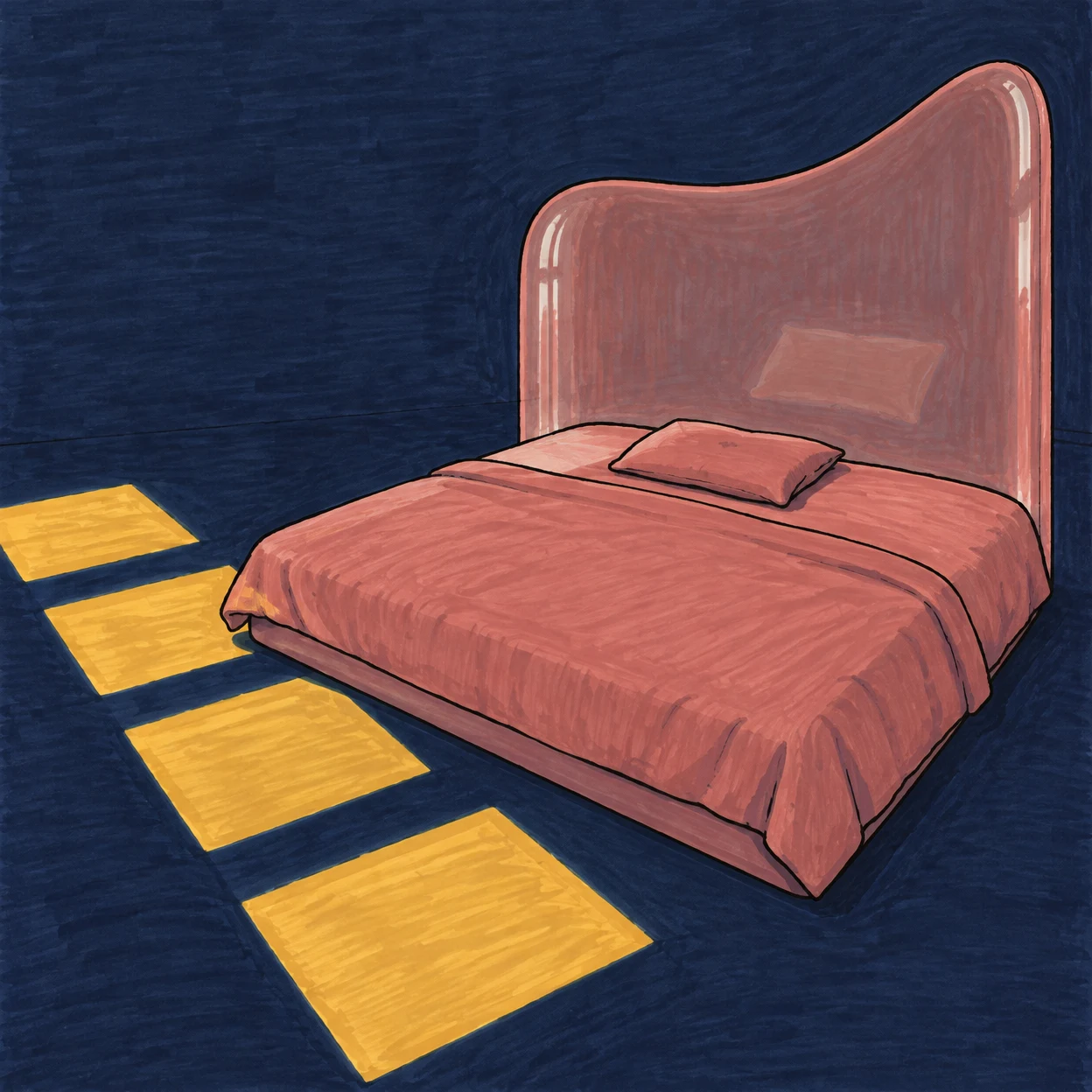A low, wide bed with a rose blanket and one pillow sits against a tall dusty-rose headboard in a dark navy room.