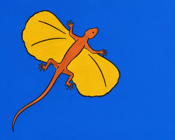 A rust-orange lizard with two large mustard-yellow gliding membranes and a long curved tail flies diagonally upward across a cobalt-blue background, leaving…