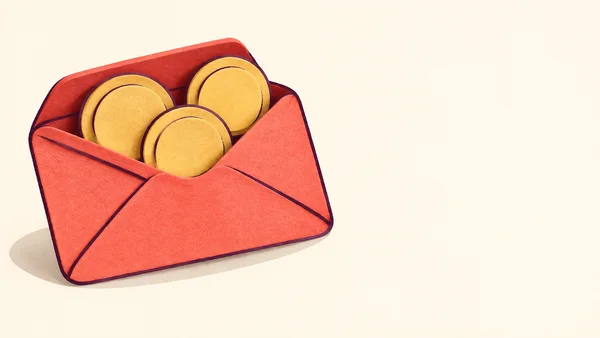 A coral felt-cutout envelope with a folded-back flap holds three oversized mustard-yellow coins against a warm cream background, with a soft shadow beneath and…