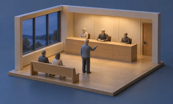 An open-front miniature meeting room on a wooden base, with a standing figure addressing three people behind a long council bench and two neighbors seated on a…