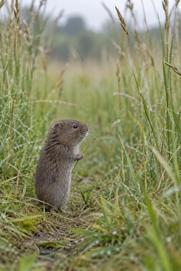 A grey-brown vole sits upright on a narrow path through damp meadow grass, holding a slender seed-bearing stem in its paws and looking to the right.