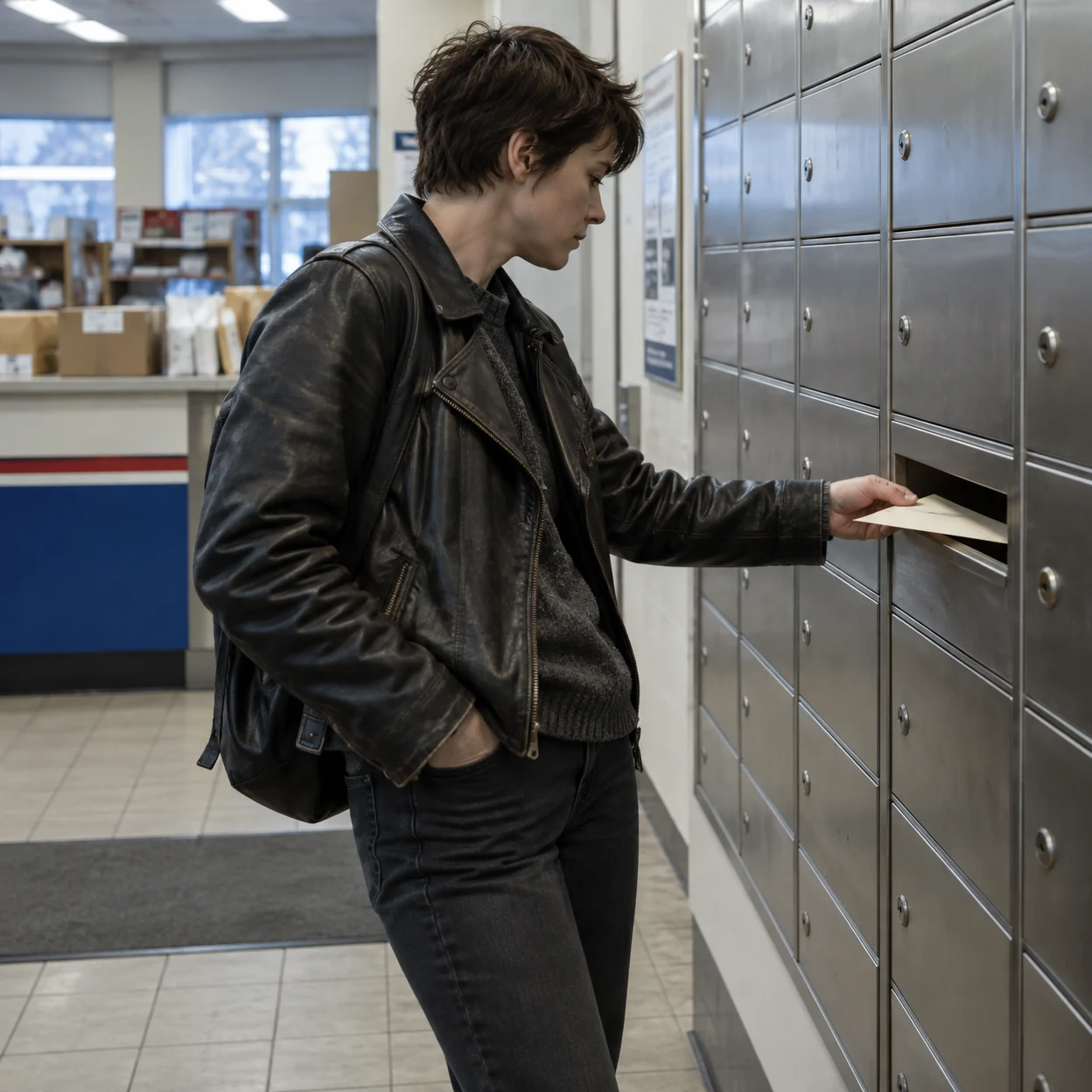An adult with short dark hair and a worn black leather jacket leans toward a wall of metal mailbox doors, sliding a plain cream envelope into a slot.