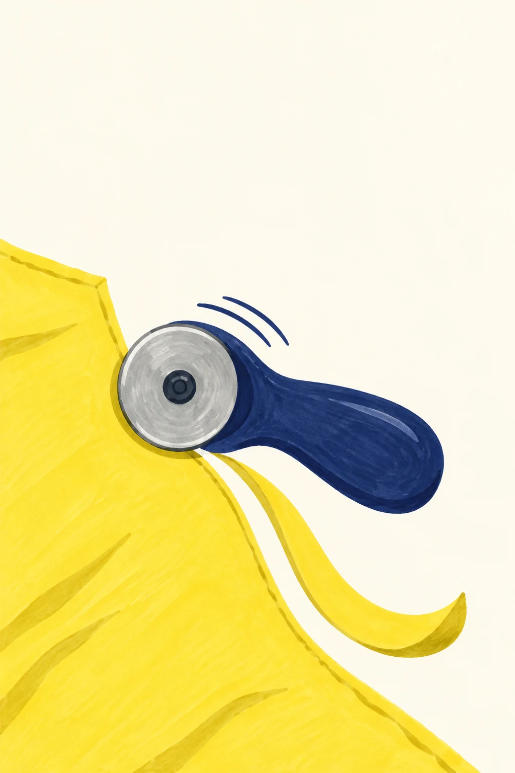 A large silver-grey rotary fabric cutter with a dark navy handle rests at the curved edge of a lemon-yellow cloth panel on a warm ivory background; a narrow…