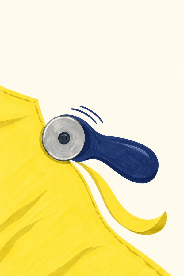 A large silver-grey rotary fabric cutter with a dark navy handle rests at the curved edge of a lemon-yellow cloth panel on a warm ivory background; a narrow…