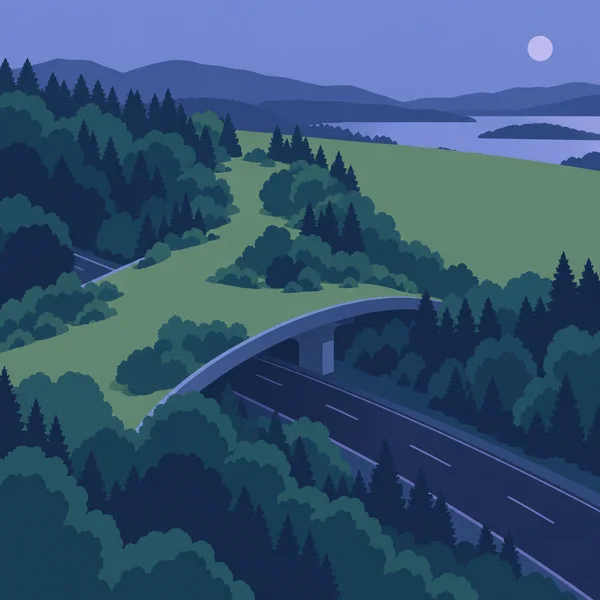 A broad green wildlife overpass arches over an empty marked road through dense woodland, with a lake, layered hills and a pale moon in the distance.