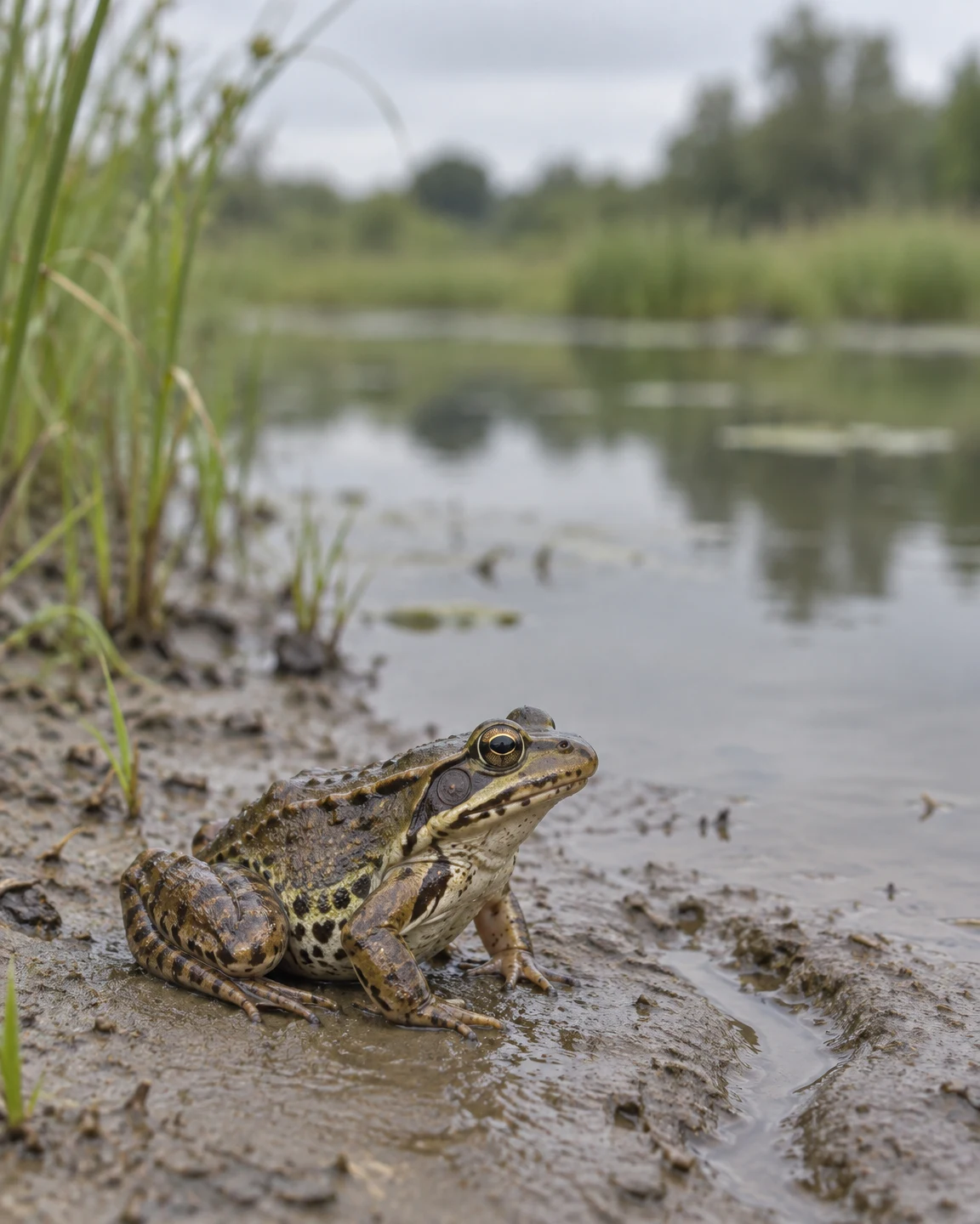 A mottled olive-brown frog sits on a wet clay pond bank, with blurred pond water and pale green reeds behind it.