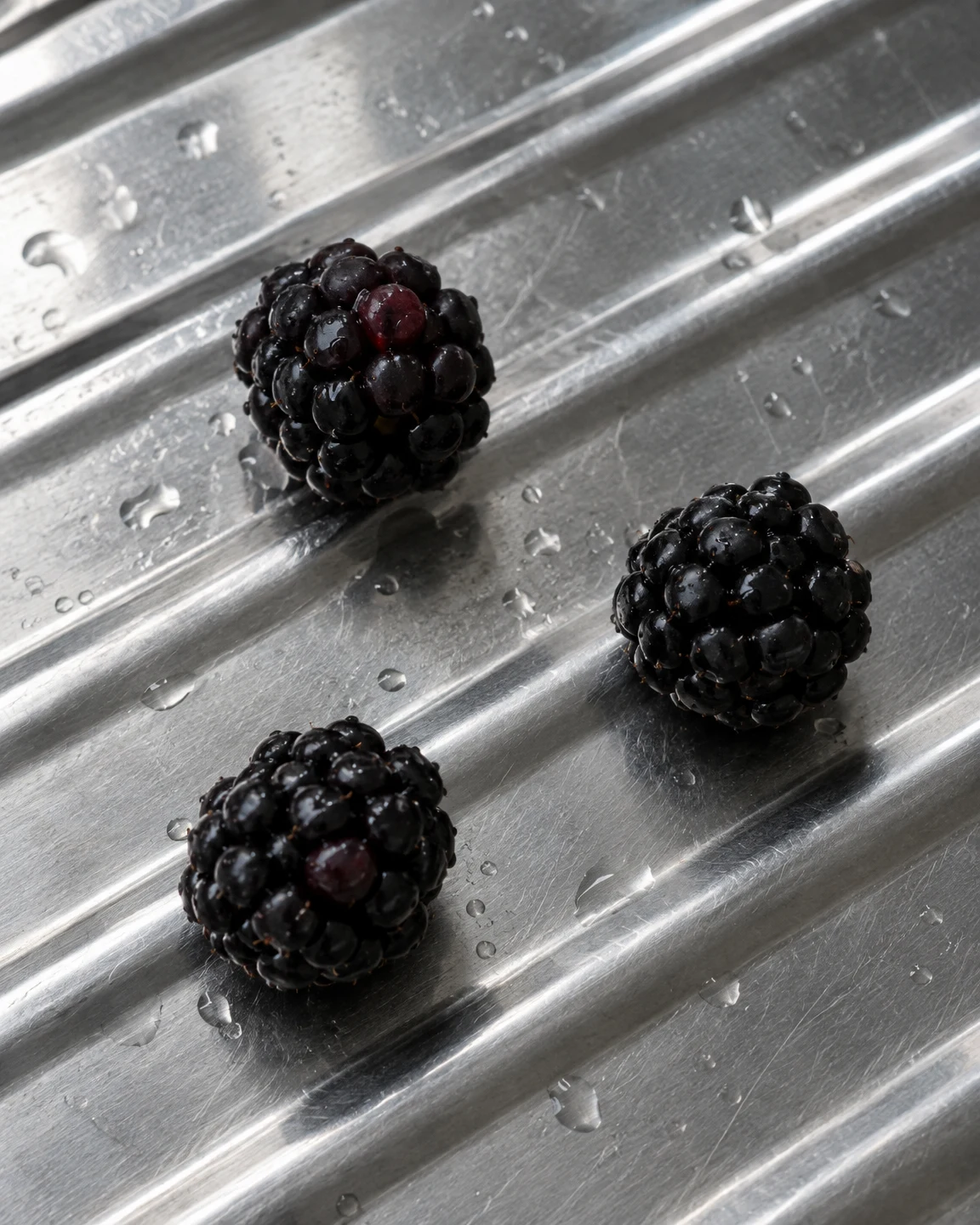Three dark blackberries sit separately in a loose diagonal triangle on a wet stainless-steel draining board, whose raised grooves and scattered water droplets…