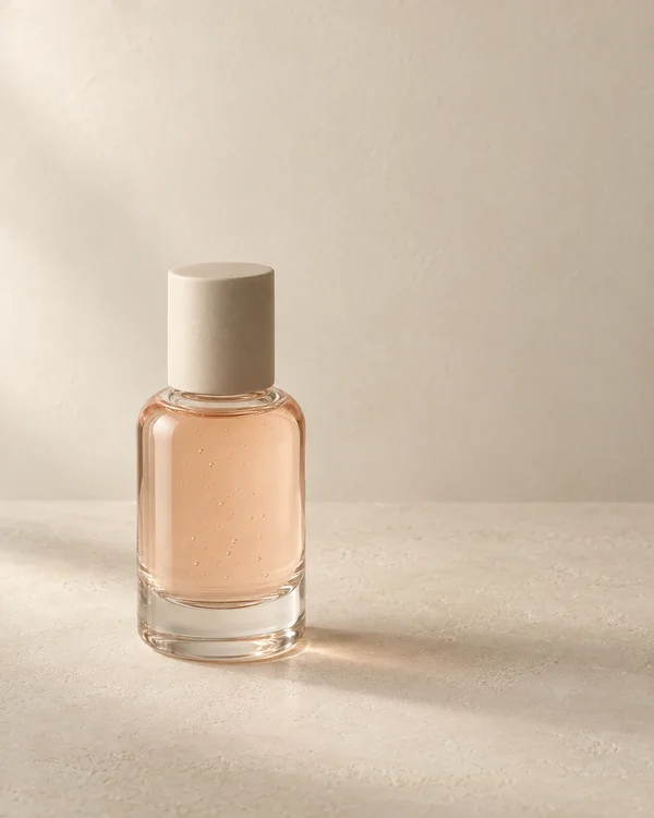 A clear glass bottle of pale peach serum with a matte sand-coloured cap stands slightly left of centre on a textured ivory tabletop against a matching…