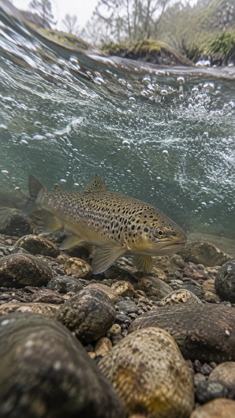 A speckled brown trout holds above rounded river stones beneath a churning water surface, with bubbles and a mossy, wooded bank visible near the top of the…