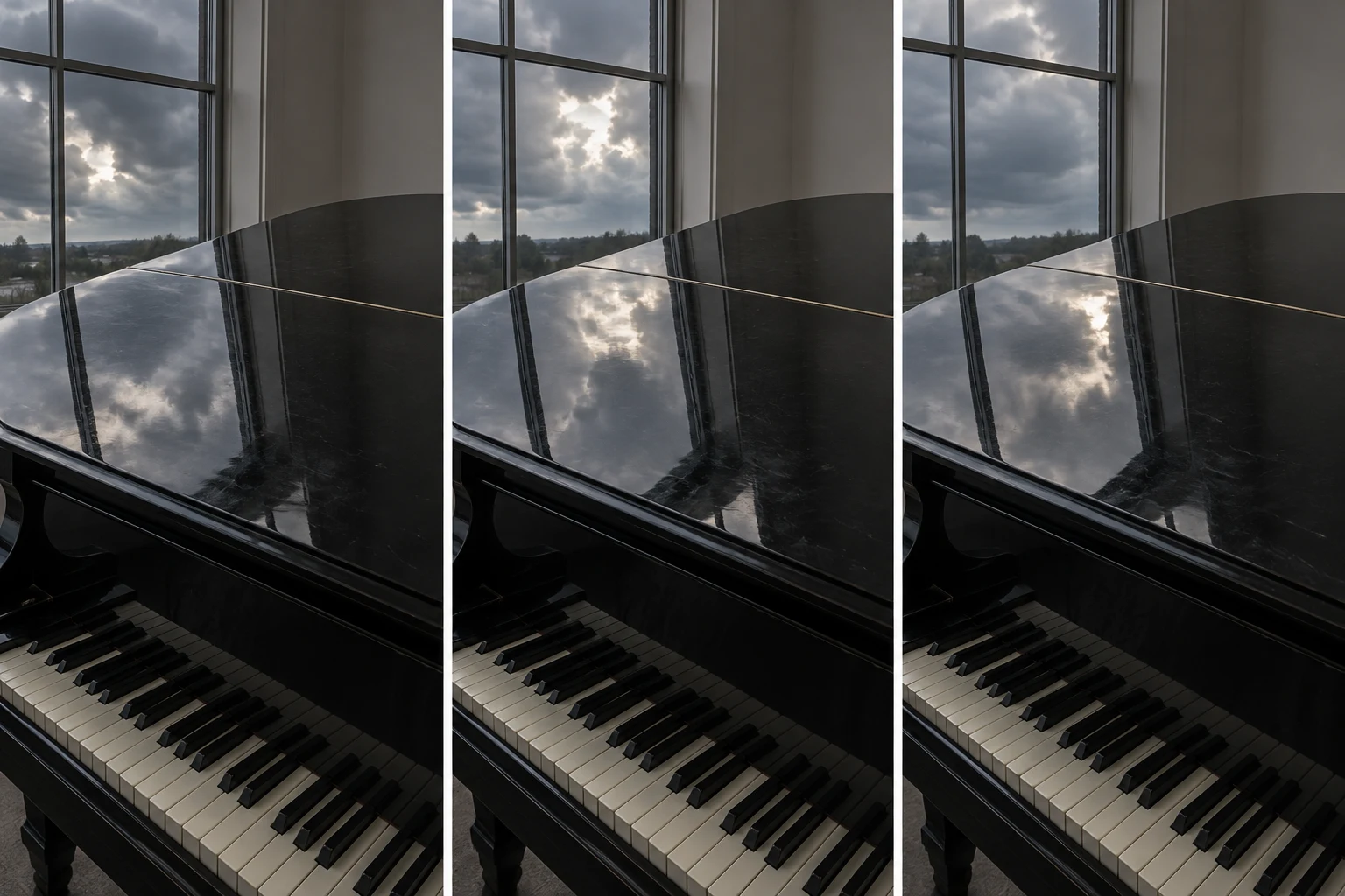 A three-panel photographic sequence shows a black grand piano beneath a large window, with storm clouds and a bright patch of daylight reflected across its…