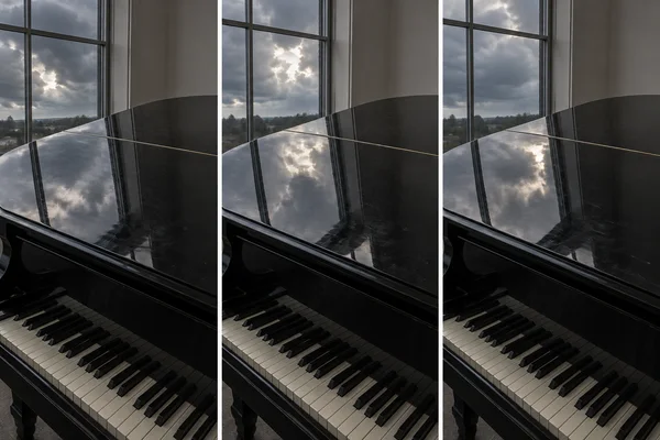 A three-panel photographic sequence shows a black grand piano beneath a large window, with storm clouds and a bright patch of daylight reflected across its…