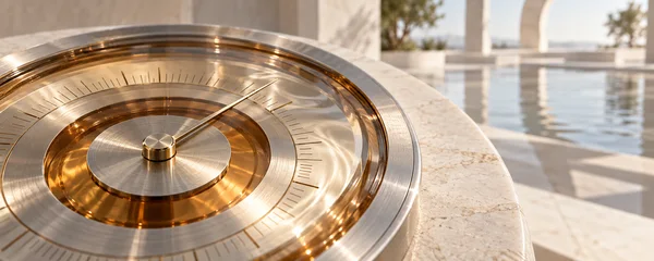 Extreme close-up of a large concentric metal dial with amber-toned transparent layers and fine radial marks, resting on a pale stone surface.