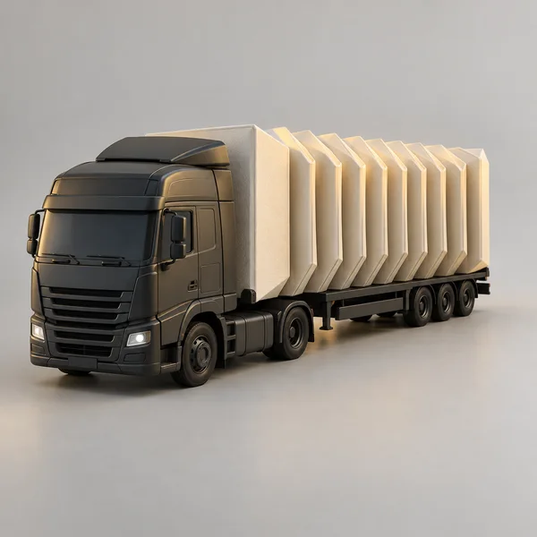 A charcoal articulated cargo truck with a pale accordion-folded trailer sits diagonally on a seamless light gray floor, lit by warm highlights from the side.