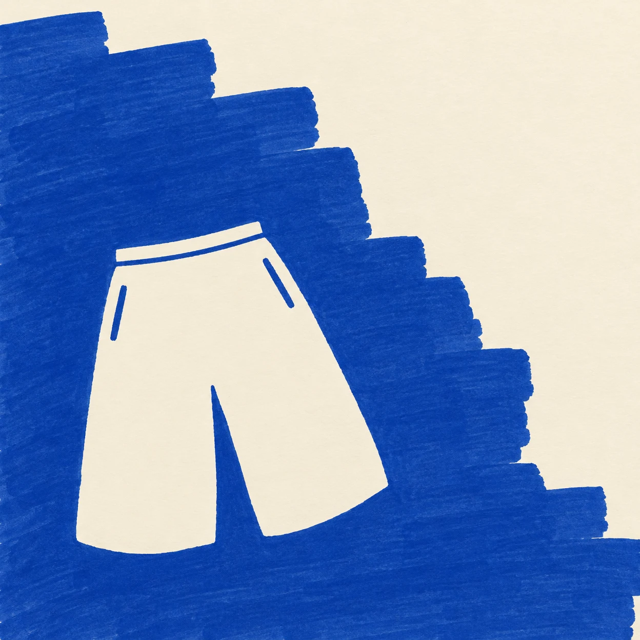 A warm-cream basketball shorts silhouette with two blue pocket marks and a single waistband line sits within broad, layered cobalt-blue marker strokes, leaving…