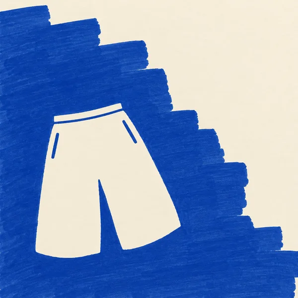A warm-cream basketball shorts silhouette with two blue pocket marks and a single waistband line sits within broad, layered cobalt-blue marker strokes, leaving…