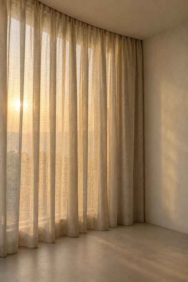 A full-height flax-colored sheer curtain hangs in deep vertical folds beside a bare warm-toned wall, glowing with low golden sunlight above a matte…