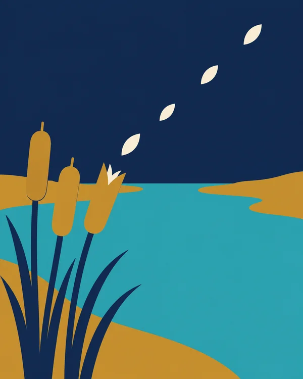A flat graphic illustration of three ochre cattails on a navy-stemmed bank beside a turquoise pool, with four cream seed shapes rising diagonally into a dark…