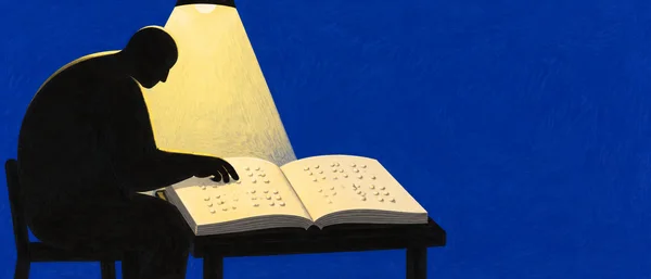 A seated black silhouette leans over an oversized open book with raised dot clusters on a low table, lit by a pale yellow overhead lamp against a deep cobalt…