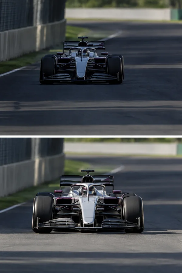 A pearl-grey, dark plum-accented open-wheel race car approaches head-on on a straight circuit in two stacked exposures; it is in deep shade above and closer…