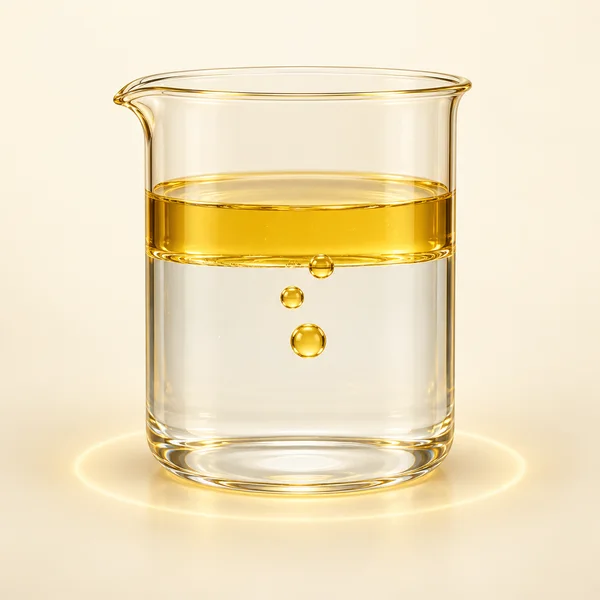 A clear glass beaker with a golden oil layer above clear water and three gold droplets suspended beneath the layer, on a warm ivory background with a glowing…