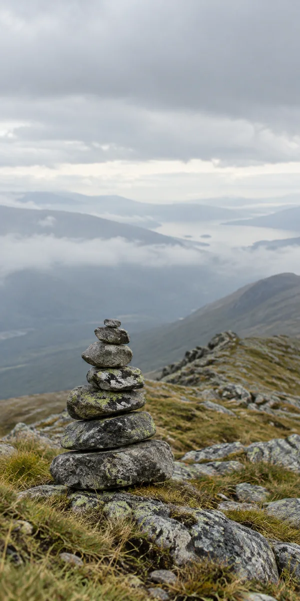 A seven-stone lichen-spotted cairn stands among alpine grass and scattered rocks on a mountain ridge, with misty valleys and layered ridges beneath a broad…