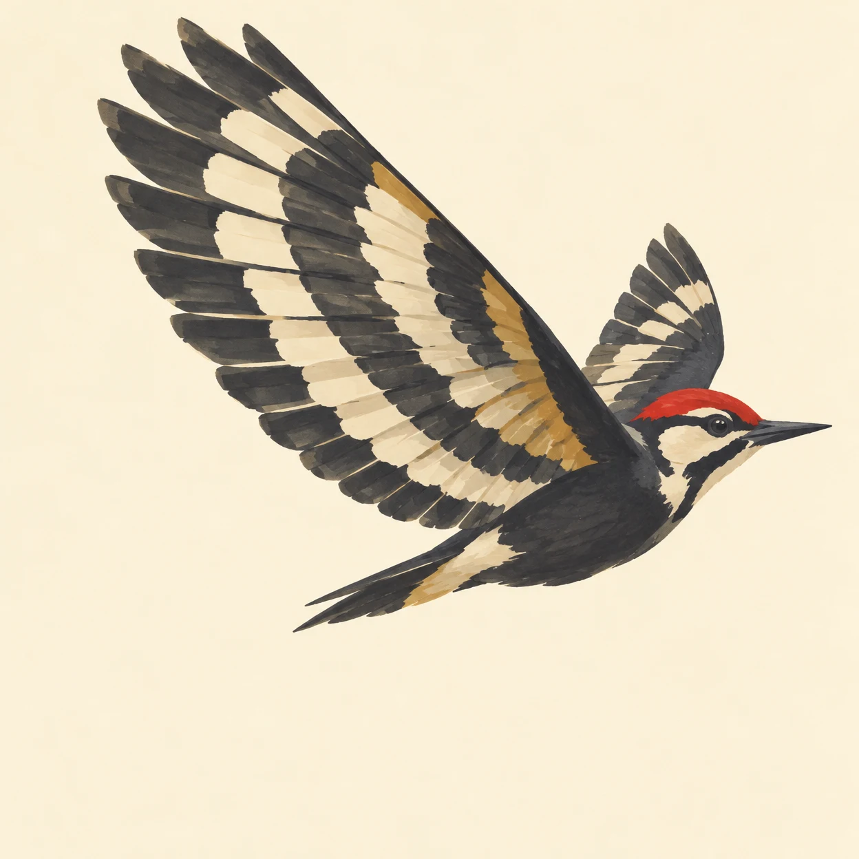 A red-crowned woodpecker flies toward the right against a warm cream background, with a huge cream-and-charcoal barred wing sweeping up to the left and a…