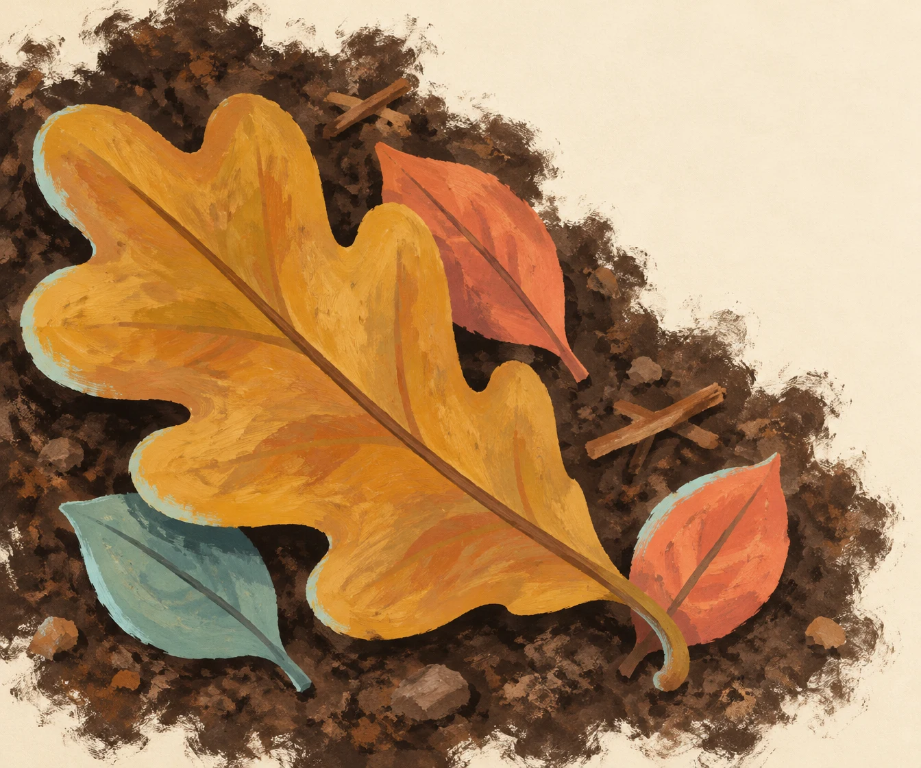 An oversized ochre leaf with rounded lobes lies diagonally across a dark soil patch, overlapping three smaller coral and muted teal leaves.