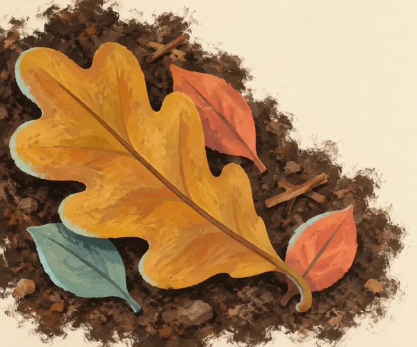 An oversized ochre leaf with rounded lobes lies diagonally across a dark soil patch, overlapping three smaller coral and muted teal leaves.
