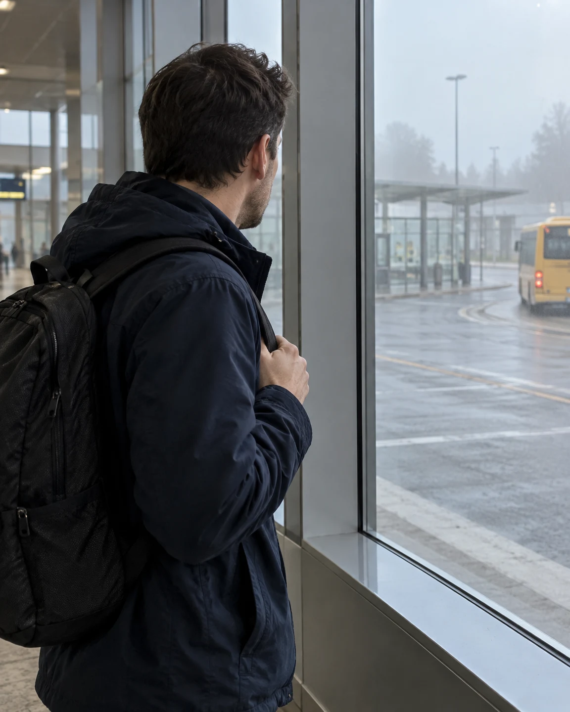 A commuter in a dark jacket and backpack grips a shoulder strap while looking through a large concourse window at a yellow bus departing from a misty bay.