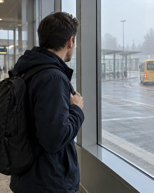 A commuter in a dark jacket and backpack grips a shoulder strap while looking through a large concourse window at a yellow bus departing from a misty bay.