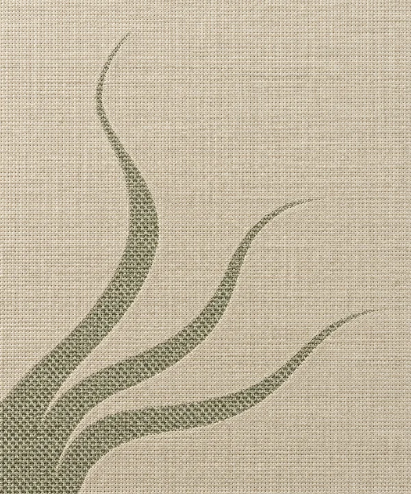 A sage-green branching motif is woven into a close-up of warm flax-colored fabric, with three curved paths spreading upward and to the right across the…